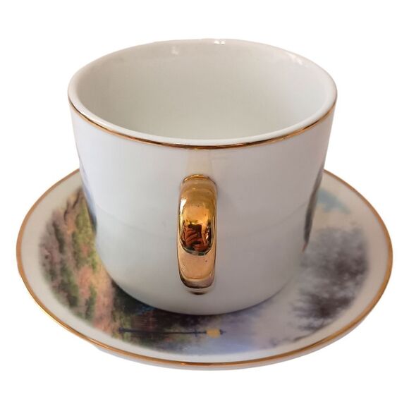 Thomas Kinkade Moonlight Cottage Tea Cup Saucer Vase Teleflora Gold Trim Set - Picture 6 of 16